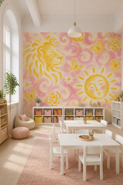 Aslan ve Güneş Poster Duvar Kağıdı Pembe Sarı Çocuk Odası
