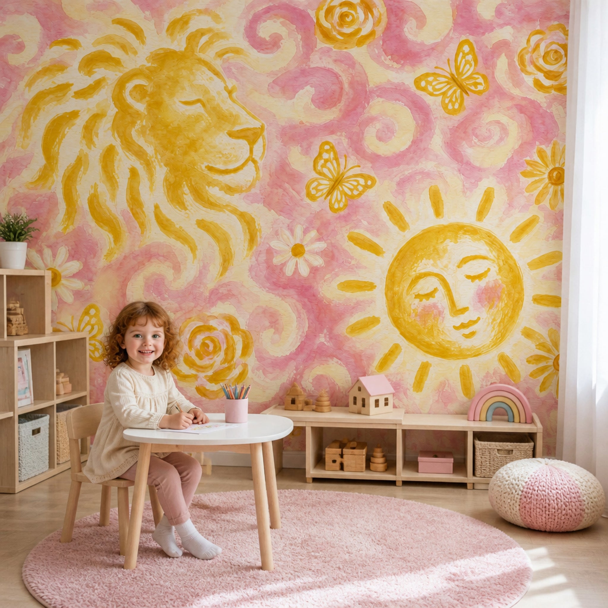 Aslan ve Güneş Poster Duvar Kağıdı Pembe Sarı Çocuk Odası