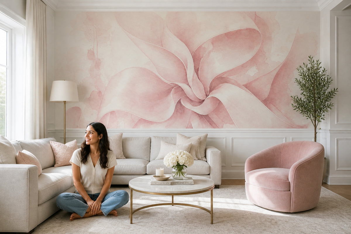 Pudra Pembe Sulu Boya Çiçek Poster Duvar Kağıdı Yatak Odası