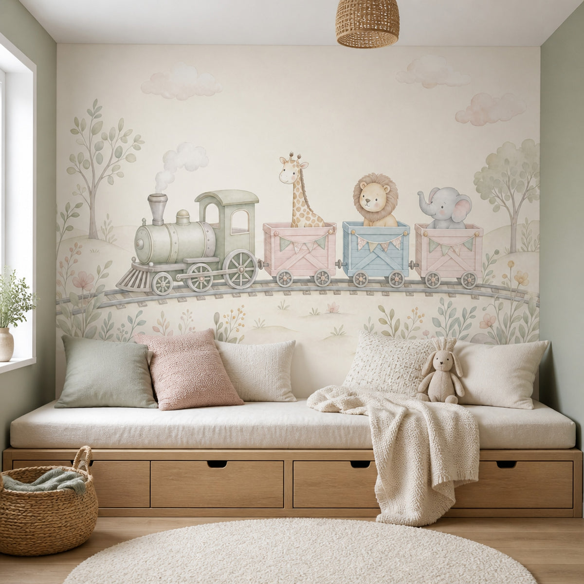 Trenli Safari Hayvanlı Poster Duvar Kağıdı Pastel Çocuk Odası