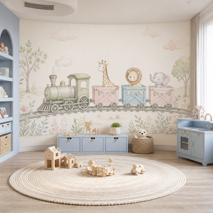 Trenli Safari Hayvanlı Poster Duvar Kağıdı Pastel Çocuk Odası