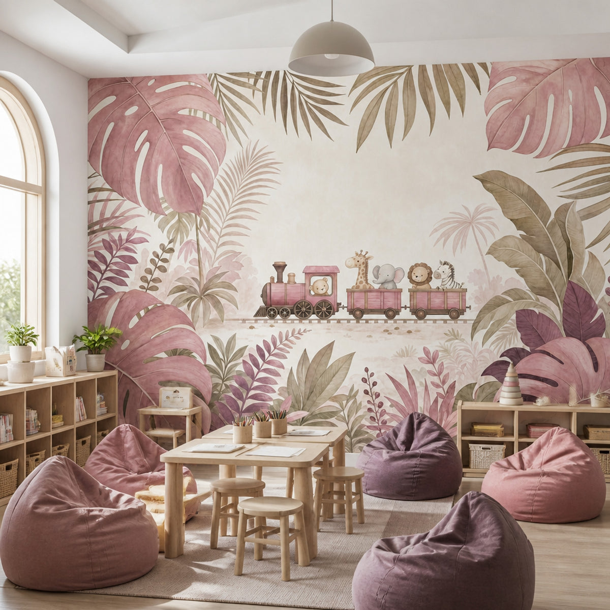 Jungle Hayvanlı Tren Poster Duvar Kağıdı Pudra Pembe Çocuk Odası