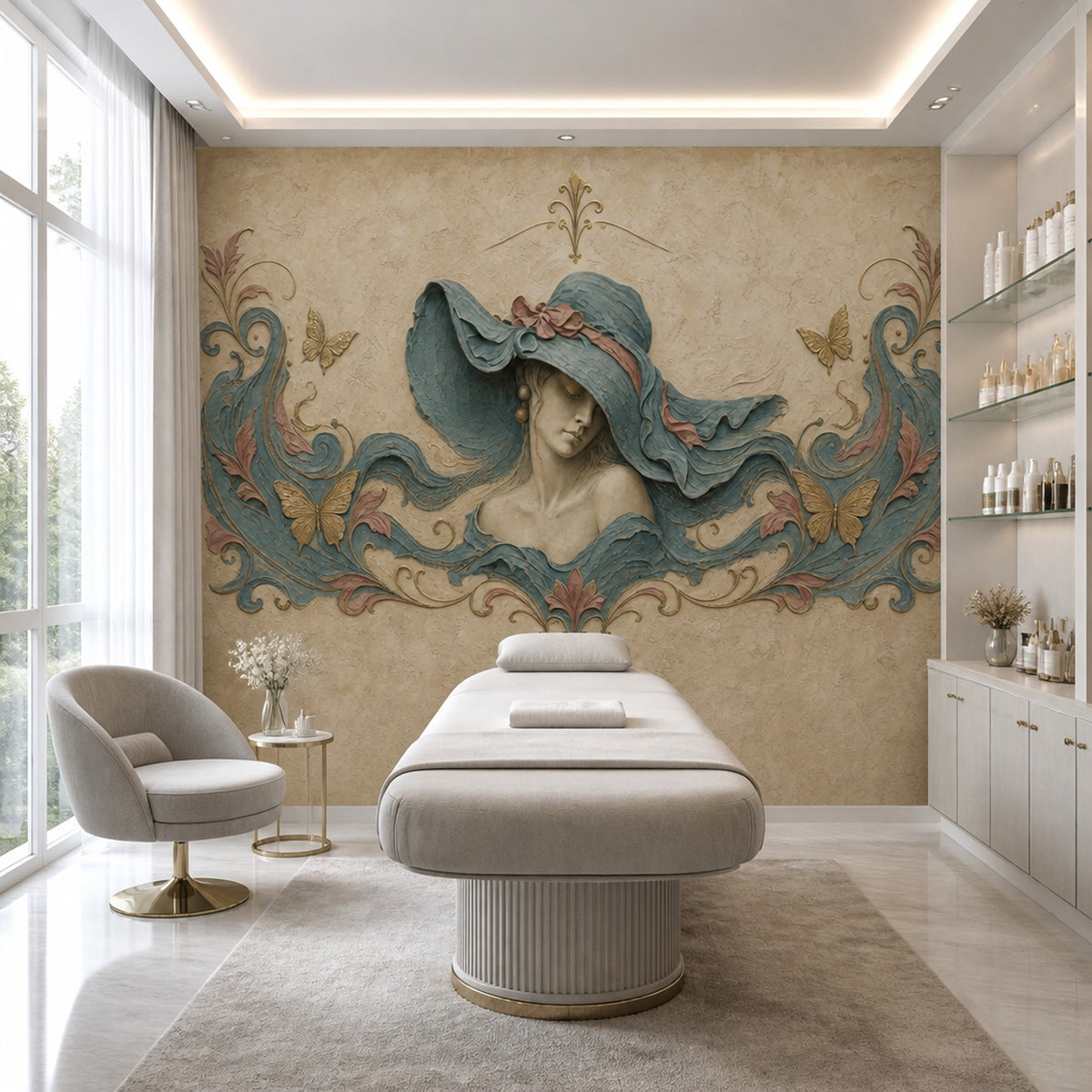 Art Nouveau Kadın Figürlü Poster Duvar Kağıdı Bej Mavi Salon