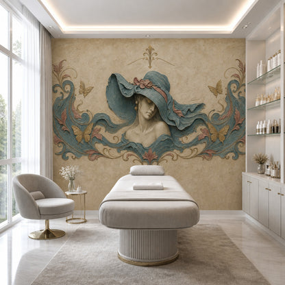 Art Nouveau Kadın Figürlü Poster Duvar Kağıdı Bej Mavi Salon