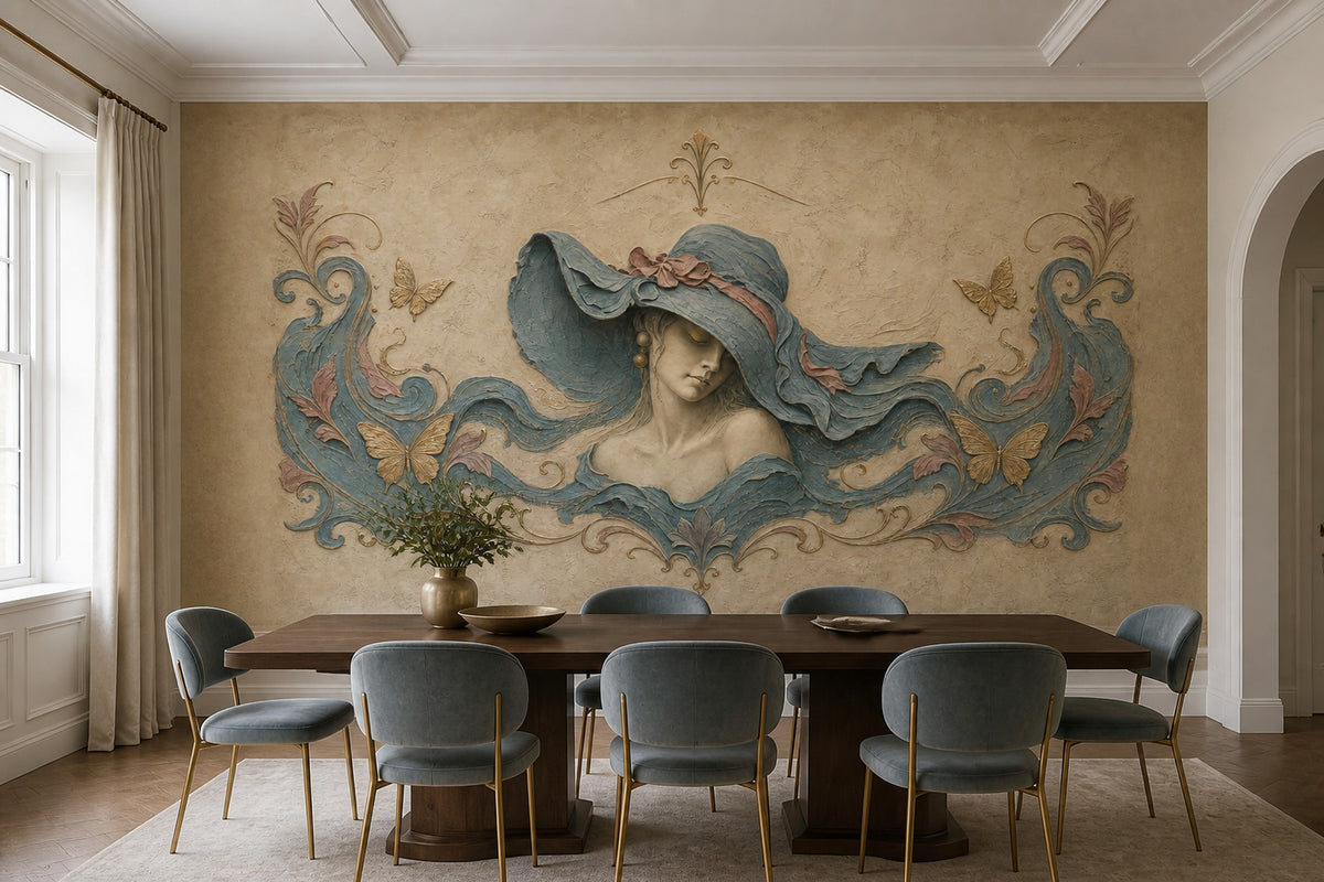 Art Nouveau Kadın Figürlü Poster Duvar Kağıdı Bej Mavi Salon
