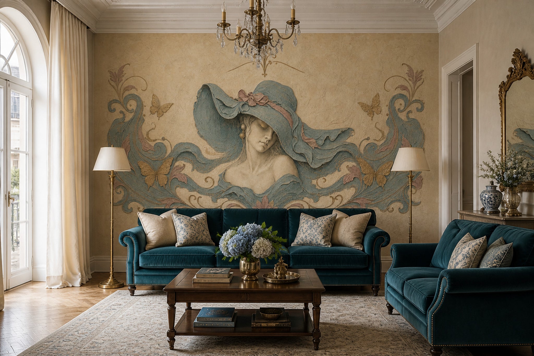 Art Nouveau Kadın Figürlü Poster Duvar Kağıdı Bej Mavi Salon