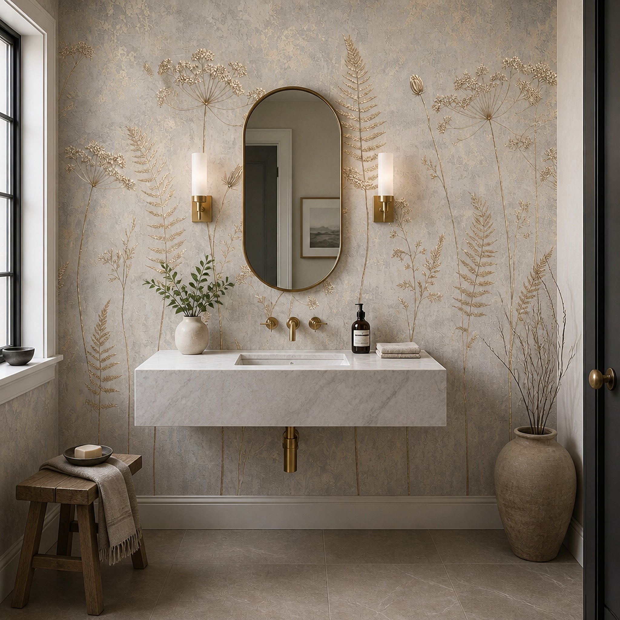 Altın Botanik Çizimli Poster Duvar Kağıdı Gri Banyo