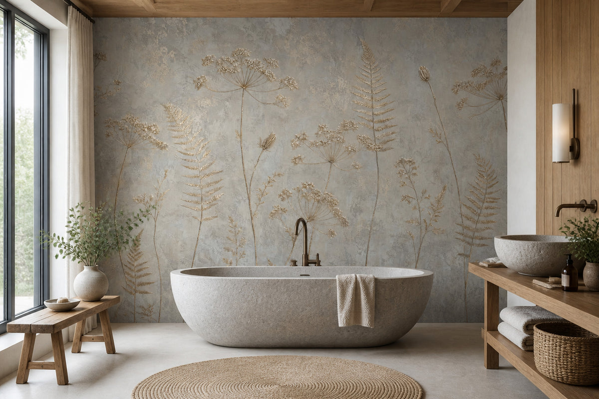 Altın Botanik Çizimli Poster Duvar Kağıdı Gri Banyo