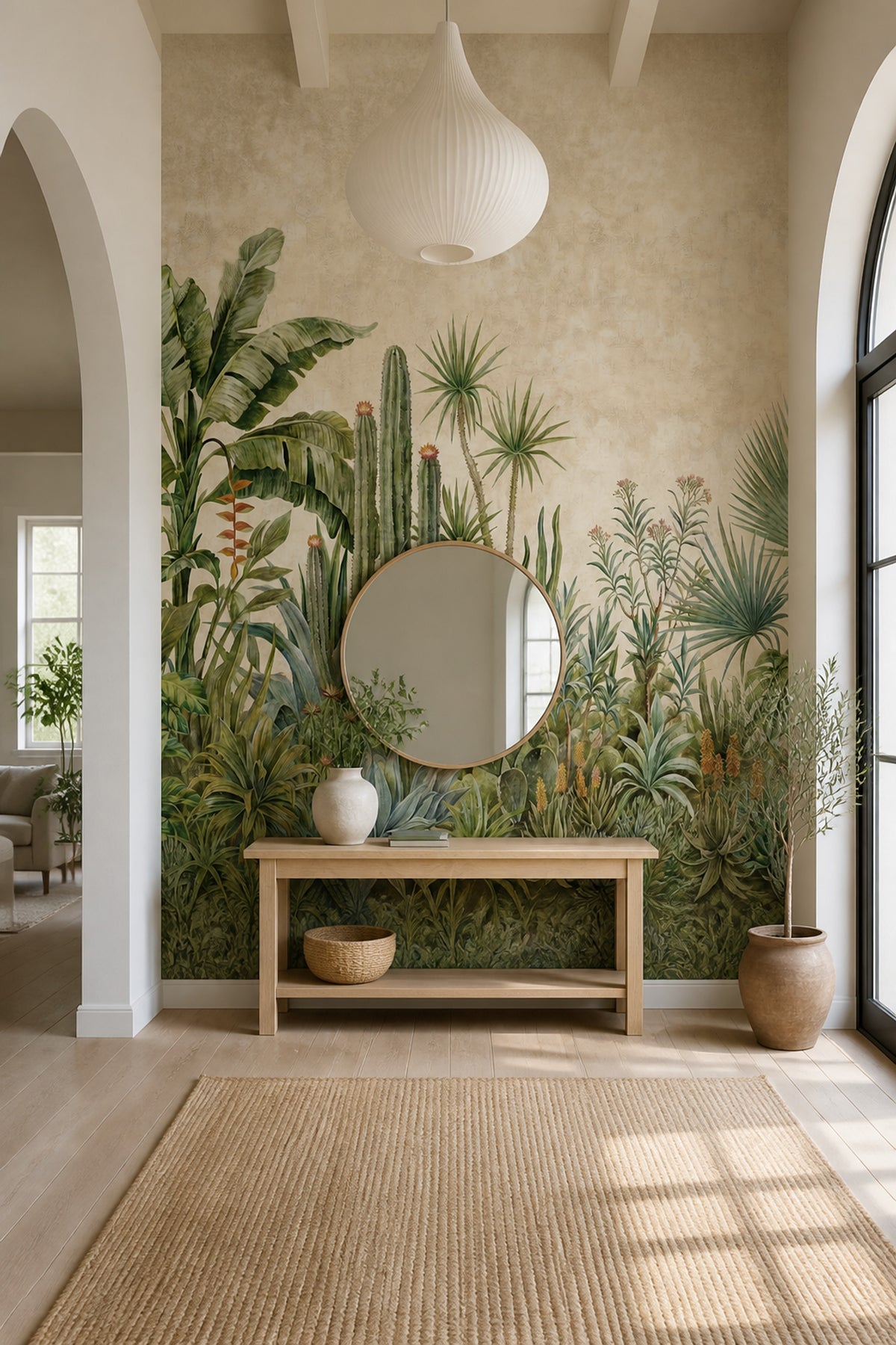 Tropikal Bitkili Poster Duvar Kağıdı Yeşil Bej Banyo Dekoru