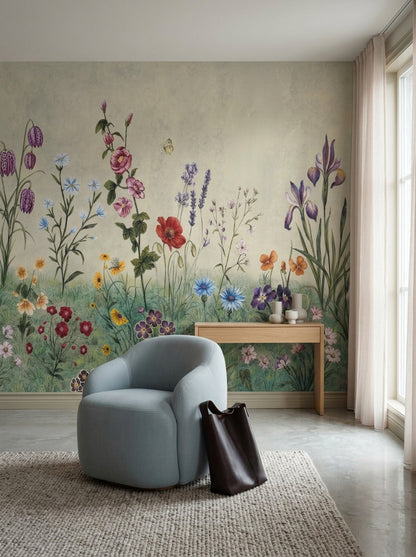 Kır Çiçekli Poster Duvar Kağıdı Pastel Bahçe Desenli Salon