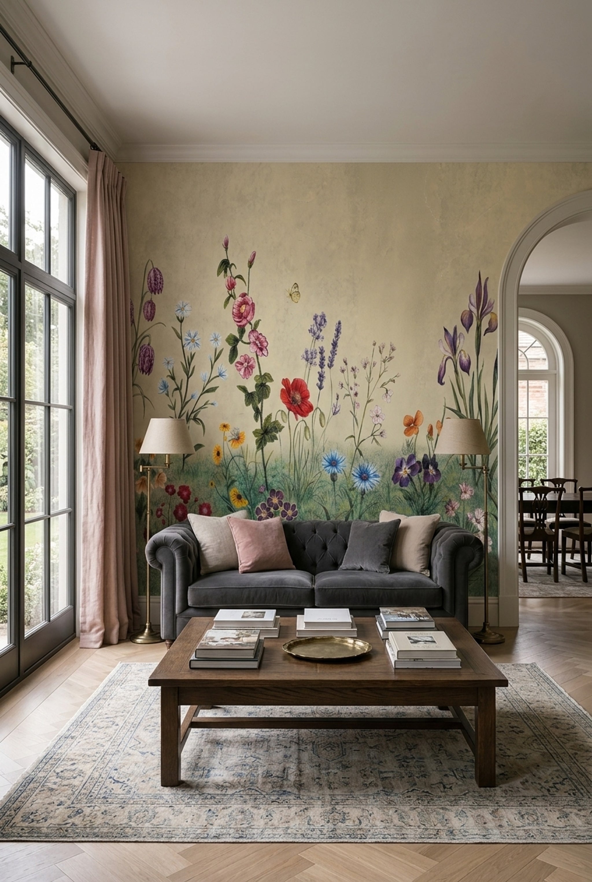 Kır Çiçekli Poster Duvar Kağıdı Pastel Bahçe Desenli Salon