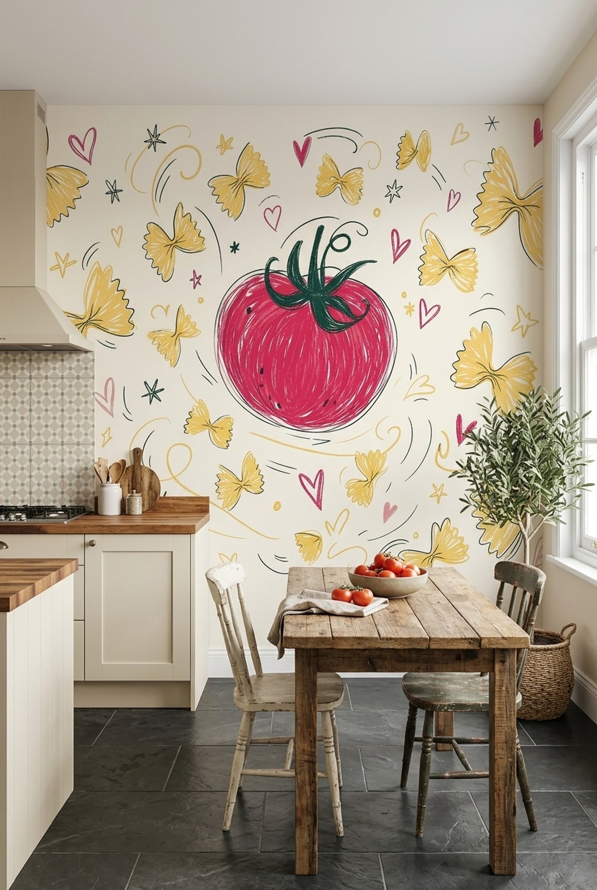 Domates ve Kelebek Desenli Poster Duvar Kağıdı Sarı Kırmızı