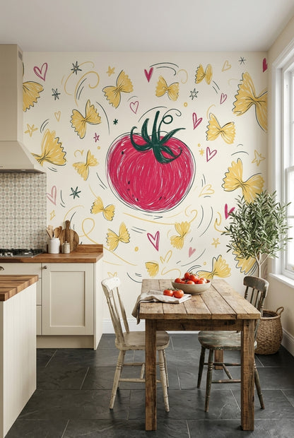 Domates ve Kelebek Desenli Poster Duvar Kağıdı Sarı Kırmızı