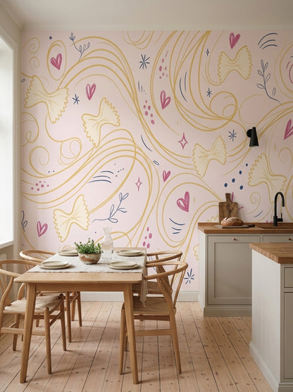 Kalpli Çizgili Poster Duvar Kağıdı Pembe Sarı Modern