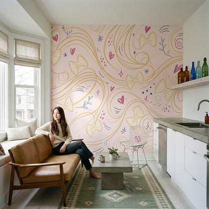 Kalpli Çizgili Poster Duvar Kağıdı Pembe Sarı Modern