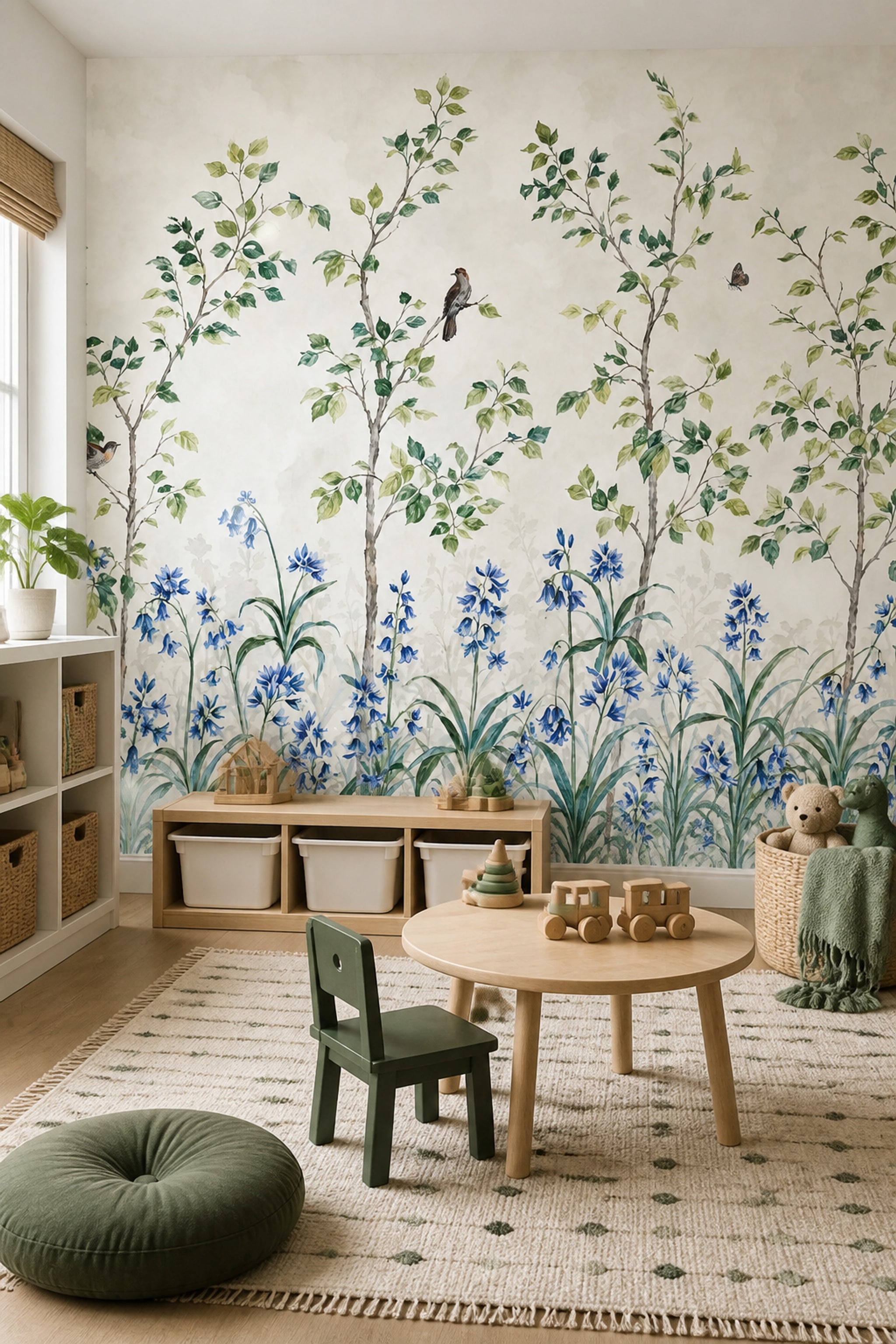 Kuşlu Ağaç Dallı Poster Duvar Kağıdı Mavi Çiçekli Salon
