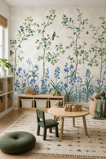 Kuşlu Ağaç Dallı Poster Duvar Kağıdı Mavi Çiçekli Salon
