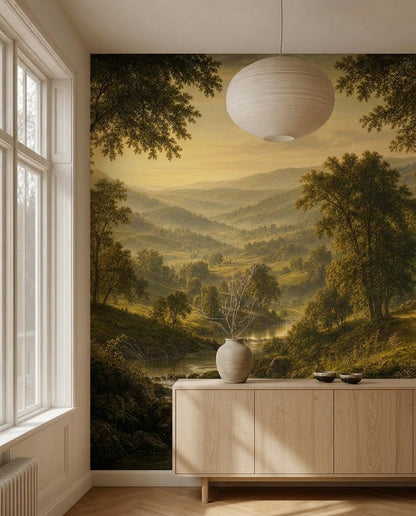 Orman Manzaralı Poster Duvar Kağıdı Yeşil Nehir Temalı Salon