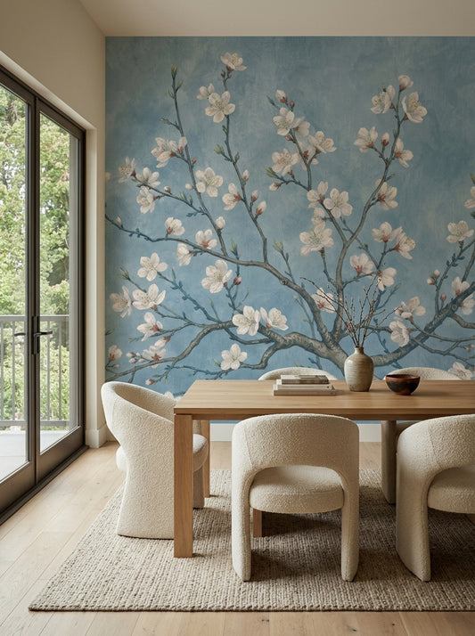 Manolya Çiçekli Poster Duvar Kağıdı Mavi Zemin Salon