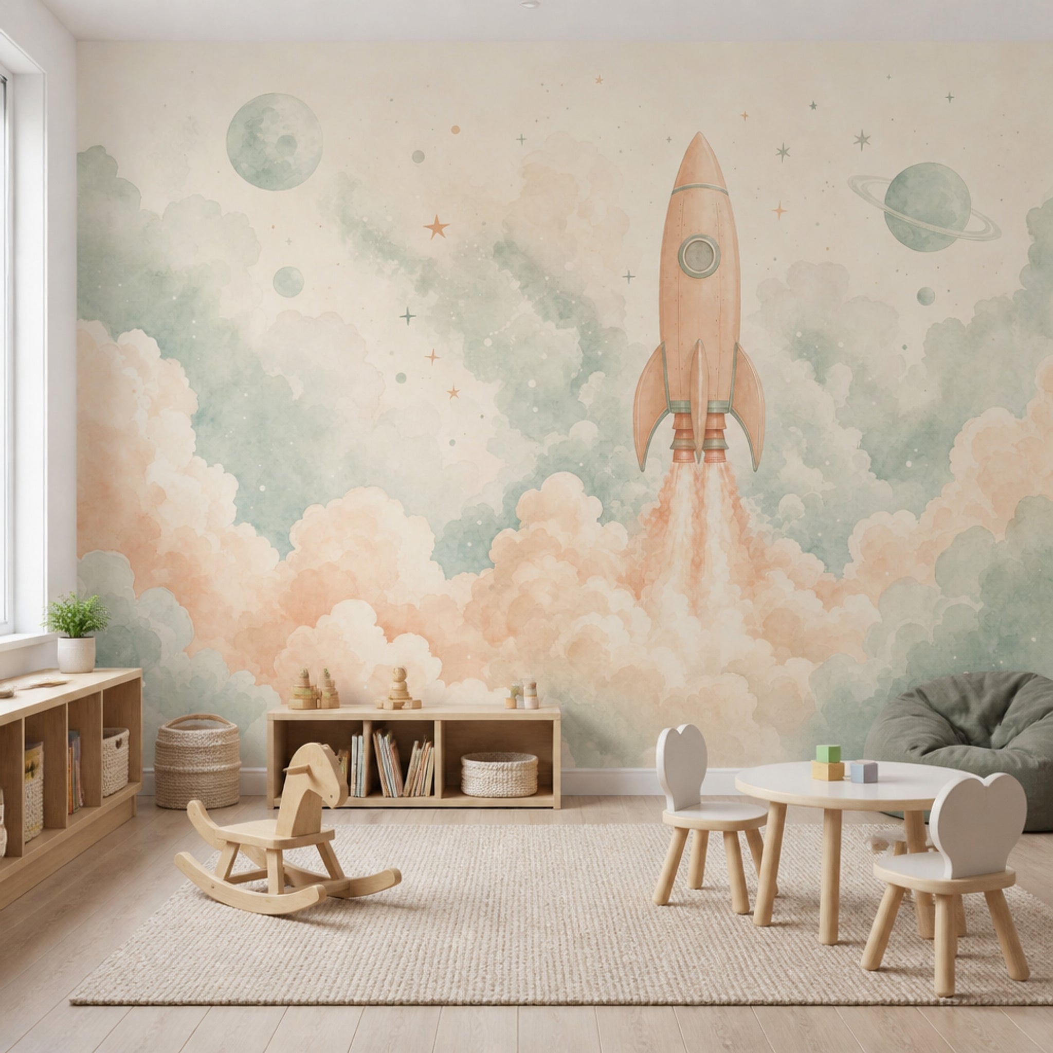 Roket ve Bulutlu Poster Duvar Kağıdı Pastel Çocuk Odası