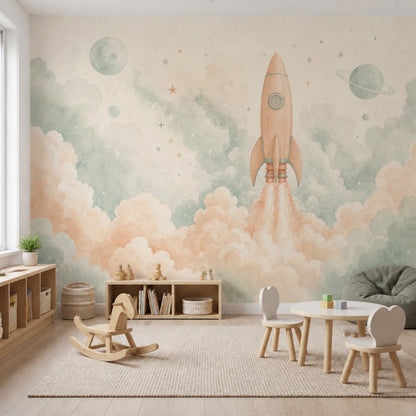 Roket ve Bulutlu Poster Duvar Kağıdı Pastel Çocuk Odası