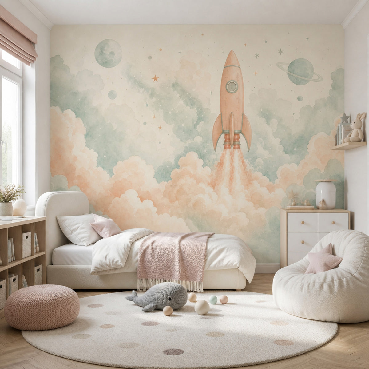 Roket ve Bulutlu Poster Duvar Kağıdı Pastel Çocuk Odası