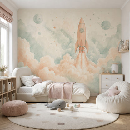 Roket ve Bulutlu Poster Duvar Kağıdı Pastel Çocuk Odası