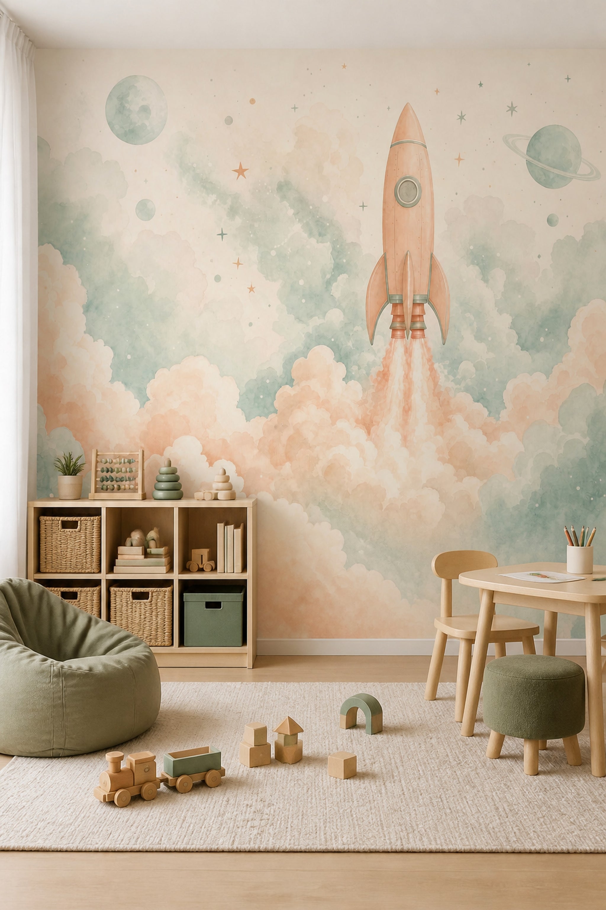 Roket ve Bulutlu Poster Duvar Kağıdı Pastel Çocuk Odası