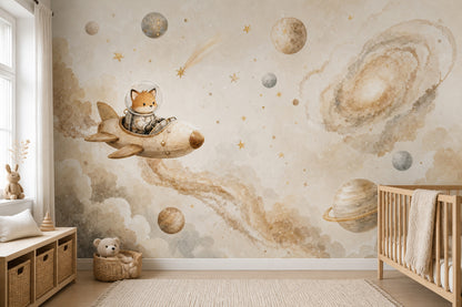 Uzayda Roketli Tilki Poster Duvar Kağıdı Bej Bebek Odası