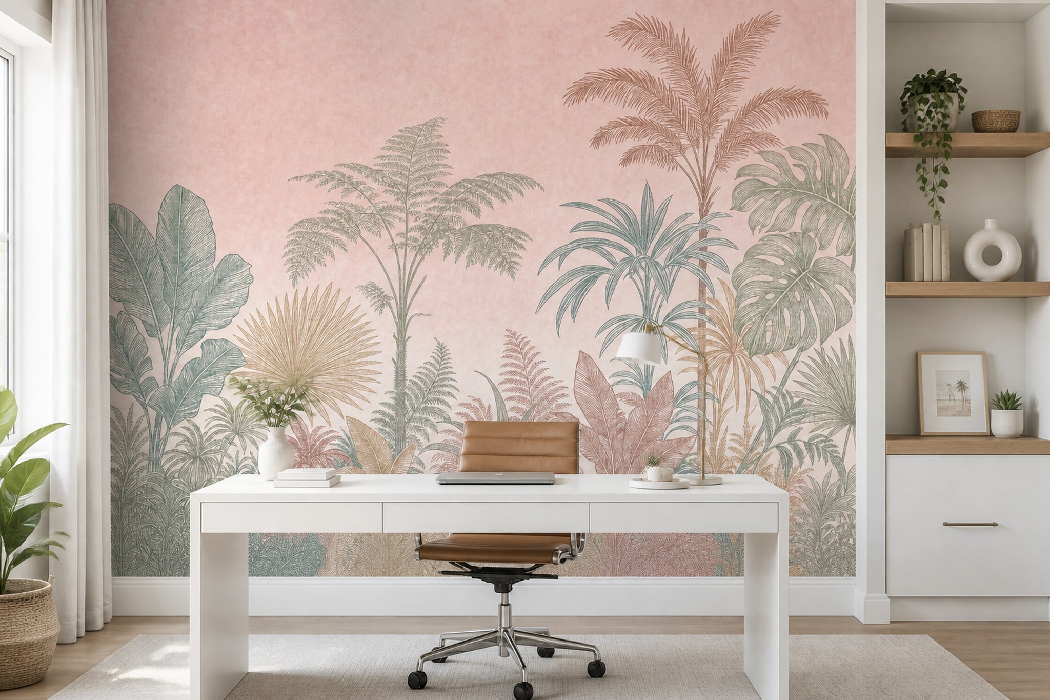 Pastel Tropikal Yapraklı Poster Duvar Kağıdı Pudra Pembe Salon