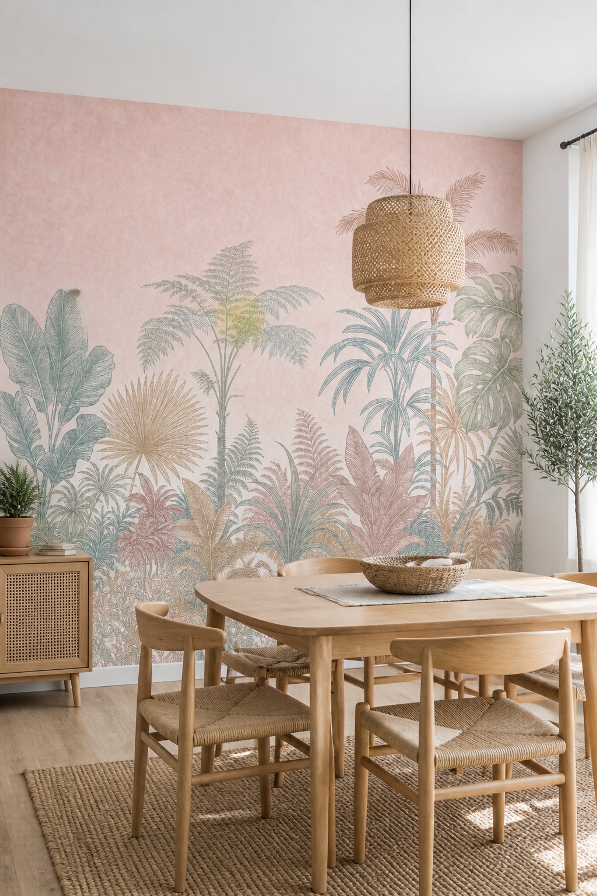 Pastel Tropikal Yapraklı Poster Duvar Kağıdı Pudra Pembe Salon