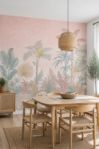 Pastel Tropikal Yapraklı Poster Duvar Kağıdı Pudra Pembe Salon