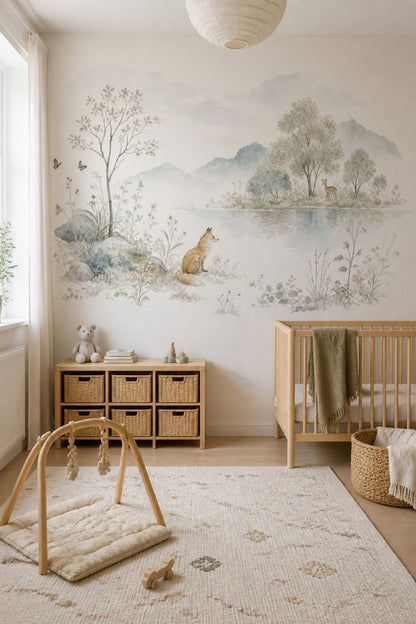 Orman Hayvanlı Poster Duvar Kağıdı Pastel Yeşil Bebek Odası