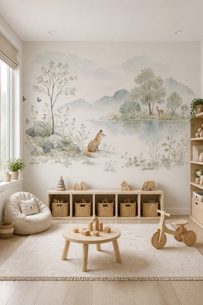 Orman Hayvanlı Poster Duvar Kağıdı Pastel Yeşil Bebek Odası