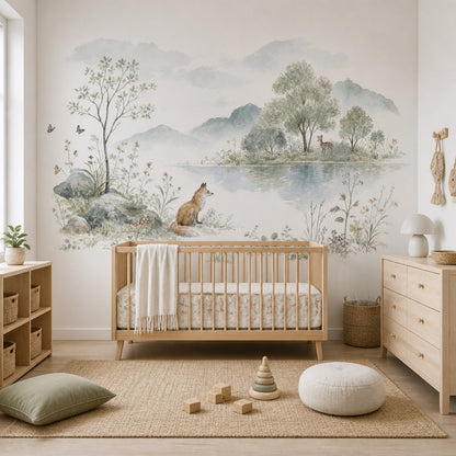 Orman Hayvanlı Poster Duvar Kağıdı Pastel Yeşil Bebek Odası
