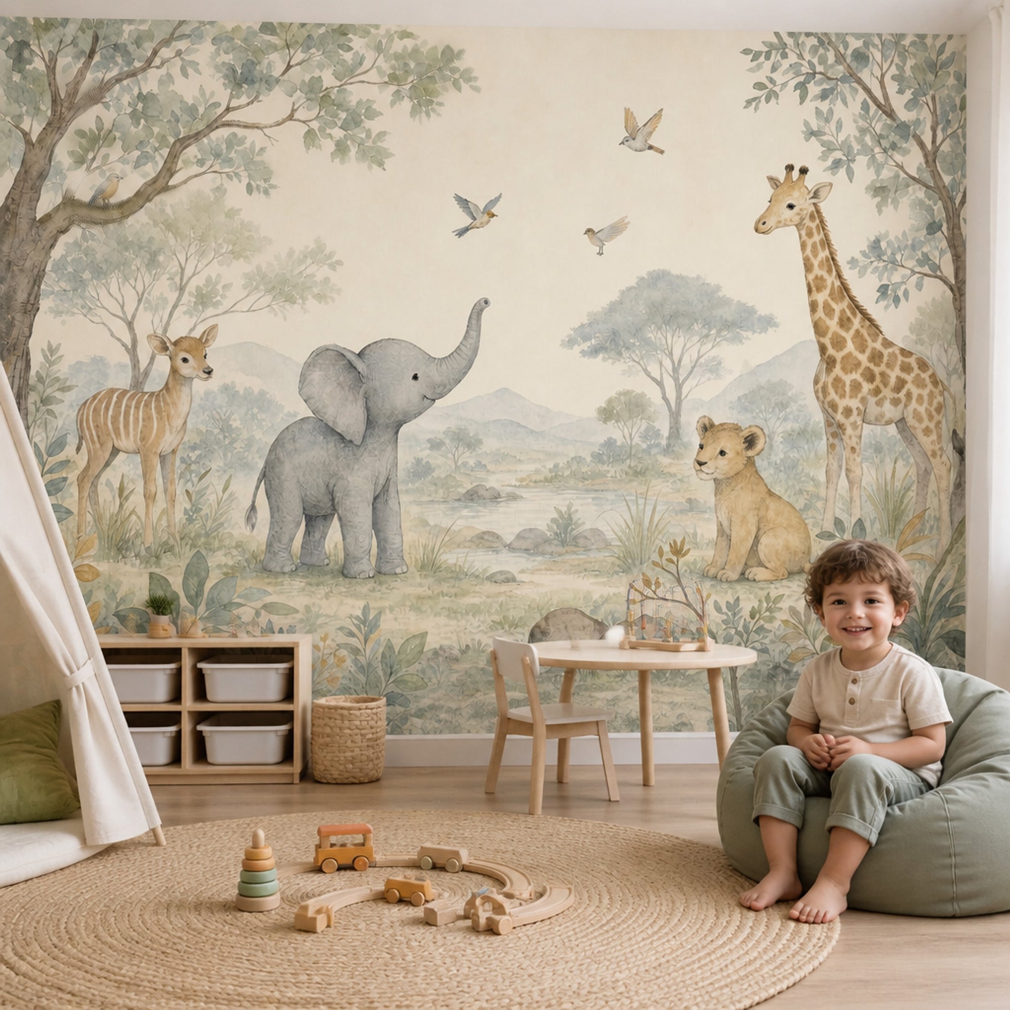 Safari Hayvanlı Poster Duvar Kağıdı Pastel Çocuk Odası