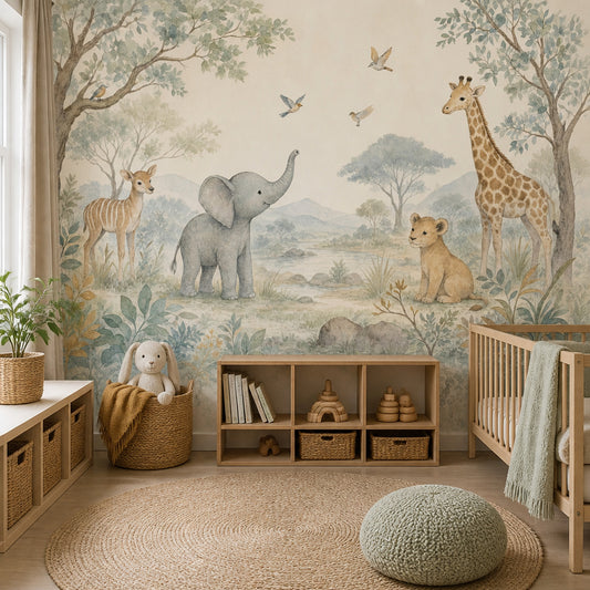 Safari Hayvanlı Poster Duvar Kağıdı Pastel Çocuk Odası