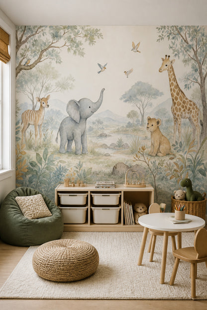 Safari Hayvanlı Poster Duvar Kağıdı Pastel Çocuk Odası