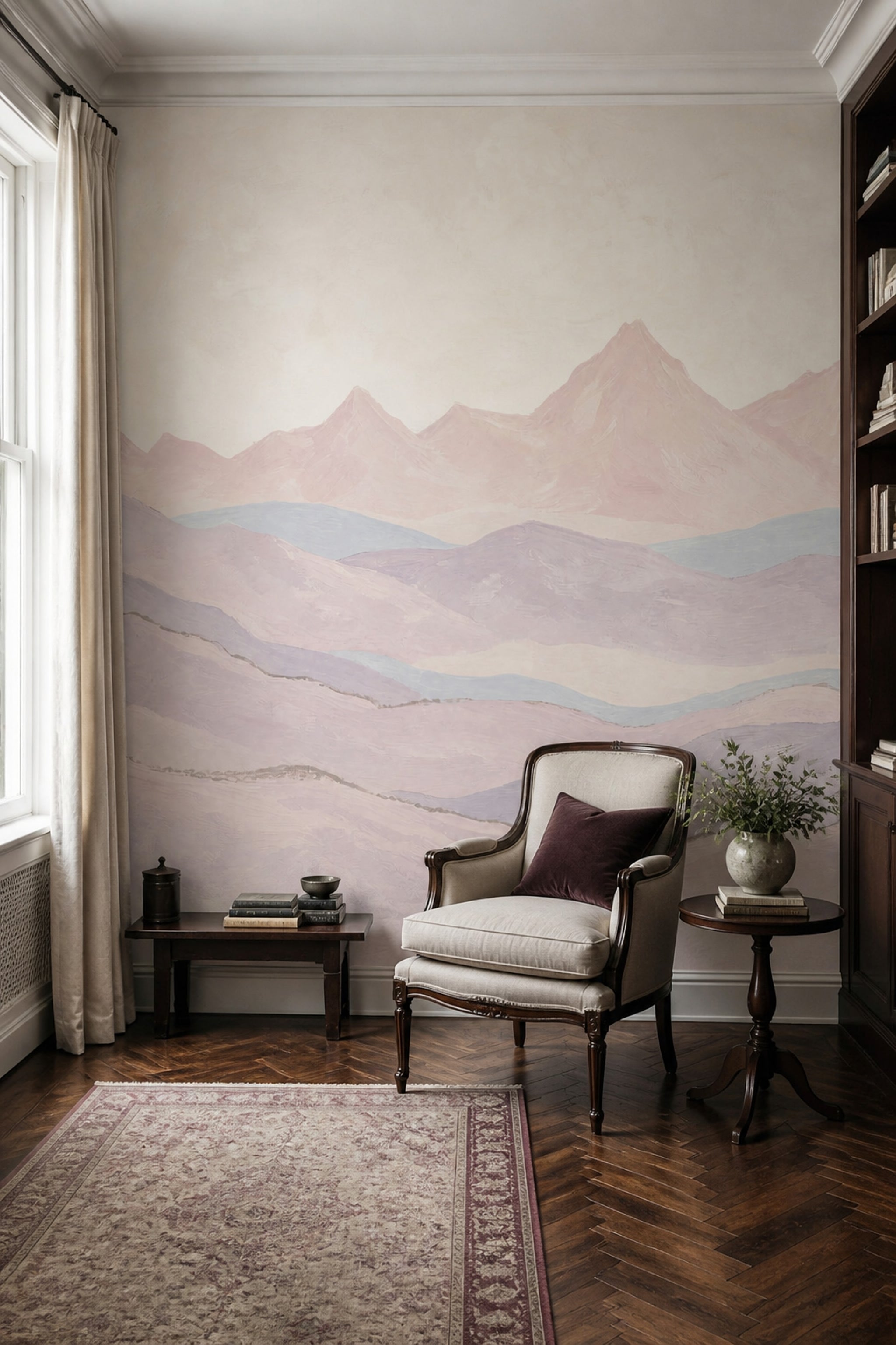 Pastel Dağ Manzaralı Poster Duvar Kağıdı Bej Mor Salon