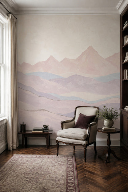Pastel Dağ Manzaralı Poster Duvar Kağıdı Bej Mor Salon