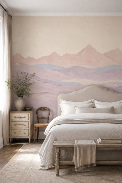 Pastel Dağ Manzaralı Poster Duvar Kağıdı Bej Mor Salon