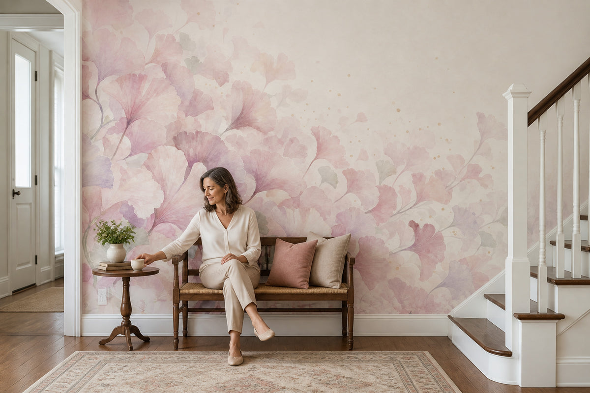 Pastel Ginkgo Yapraklı Poster Duvar Kağıdı Pembe Krem Bebek Odası