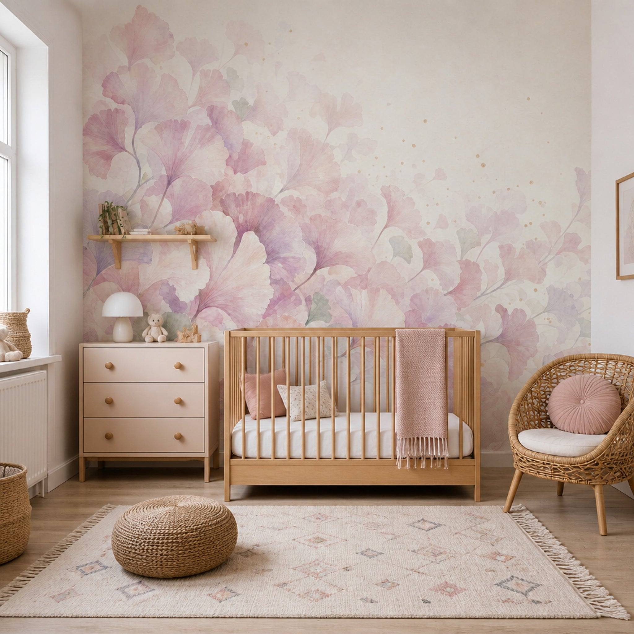Pastel Ginkgo Yapraklı Poster Duvar Kağıdı Pembe Krem Bebek Odası