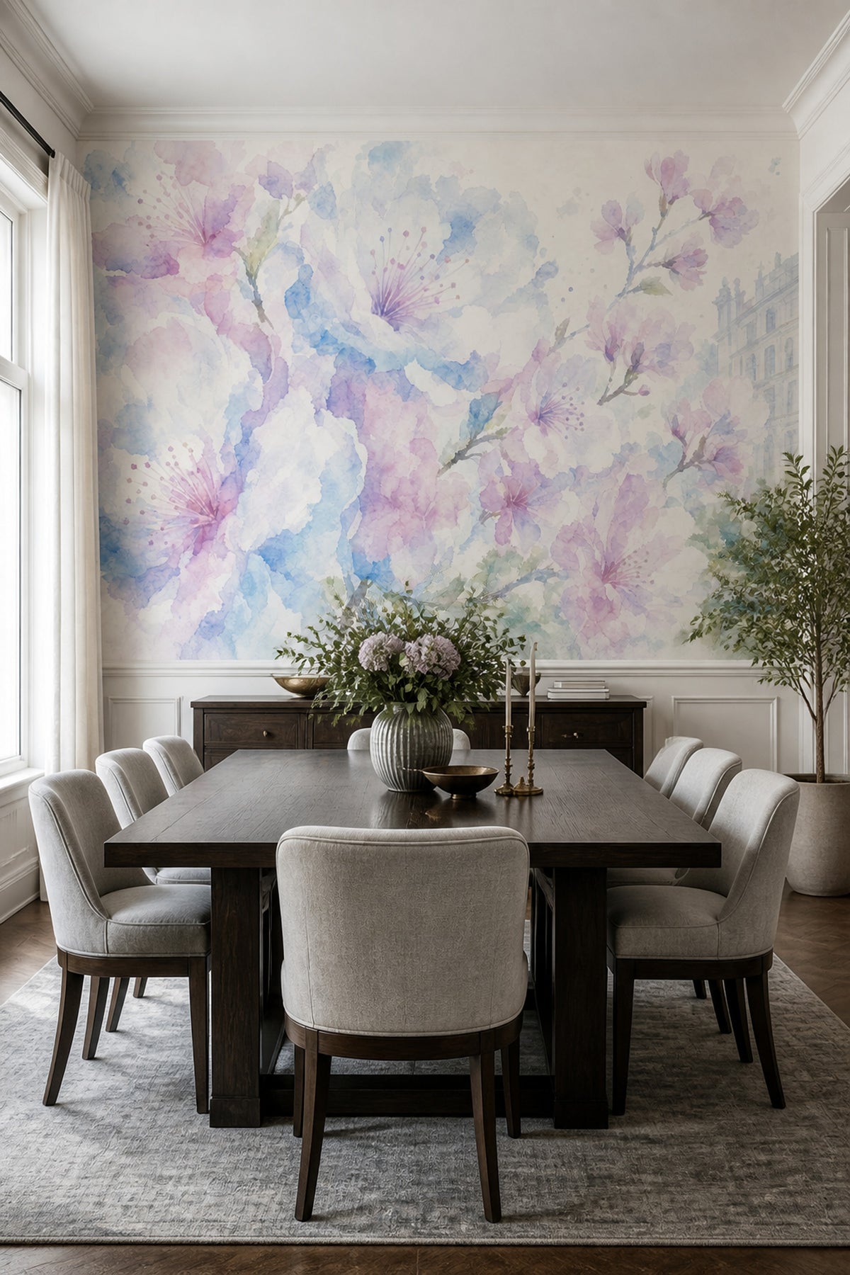 Suluboya Çiçekli Poster Duvar Kağıdı Pastel Mavi Pembe Salon
