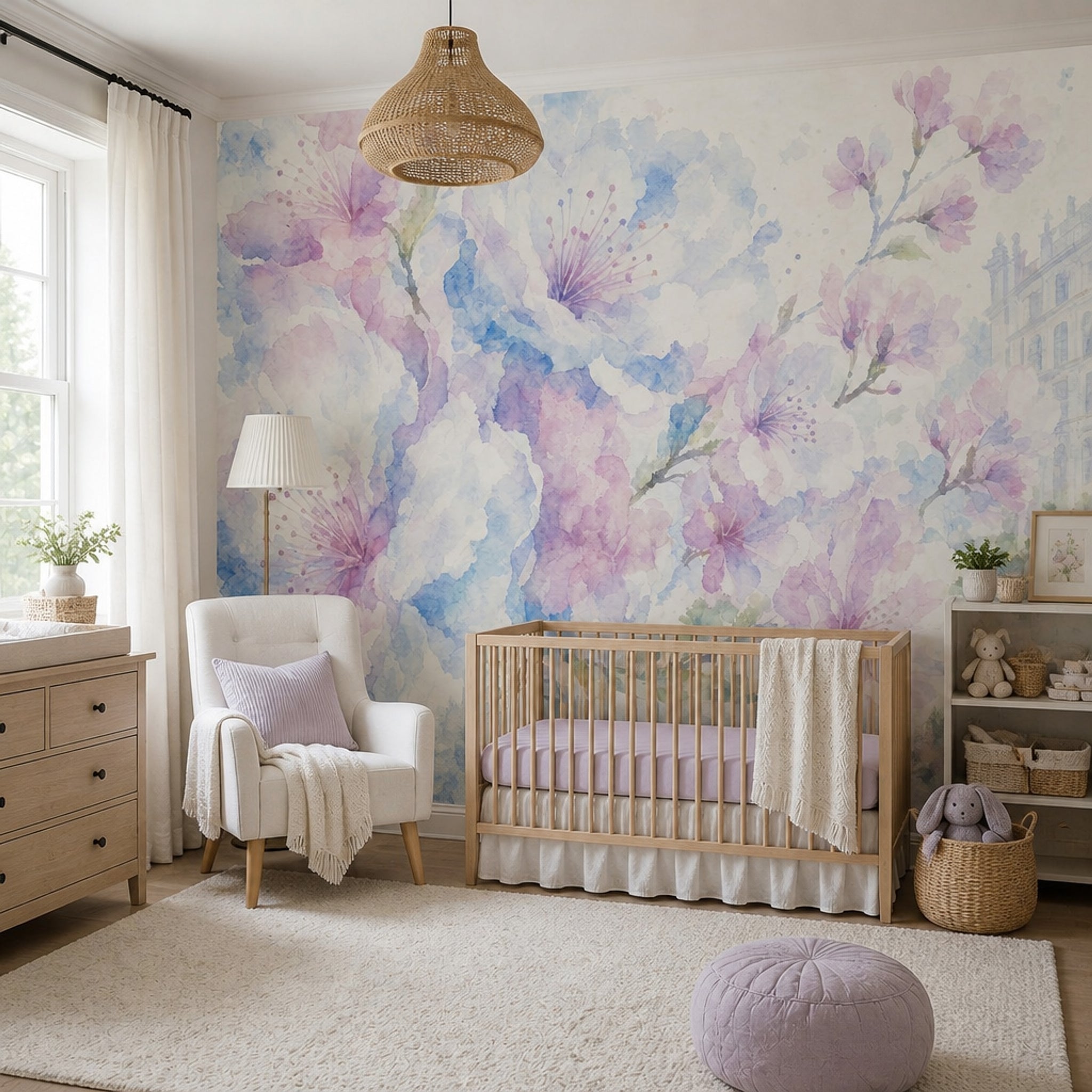 Suluboya Çiçekli Poster Duvar Kağıdı Pastel Mavi Pembe Salon