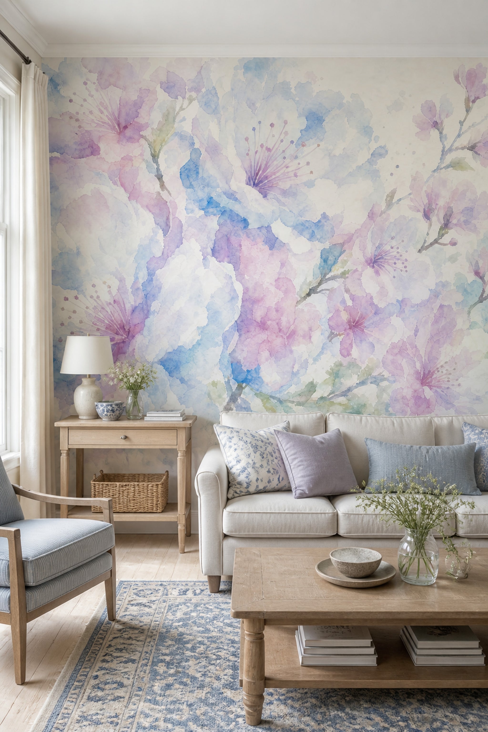 Suluboya Çiçekli Poster Duvar Kağıdı Pastel Mavi Pembe Salon