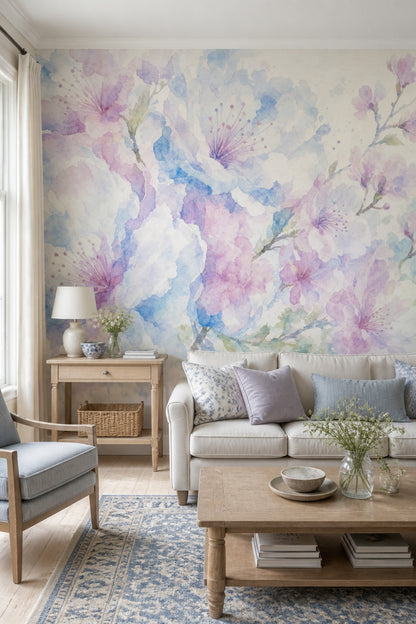 Suluboya Çiçekli Poster Duvar Kağıdı Pastel Mavi Pembe Salon