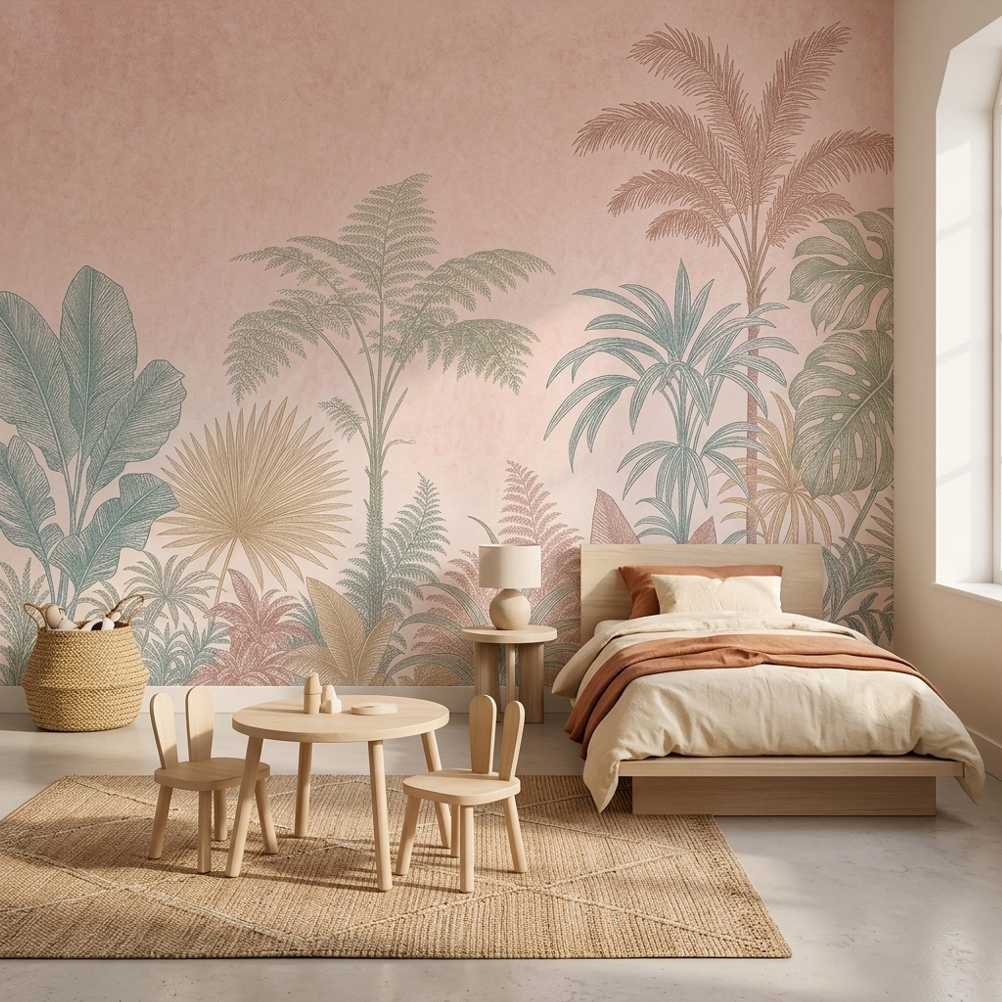 Pastel Tropikal Yapraklı Poster Duvar Kağıdı Pudra Pembe Salon