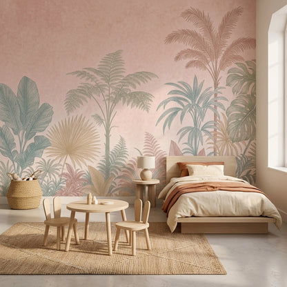 Pastel Tropikal Yapraklı Poster Duvar Kağıdı Pudra Pembe Salon