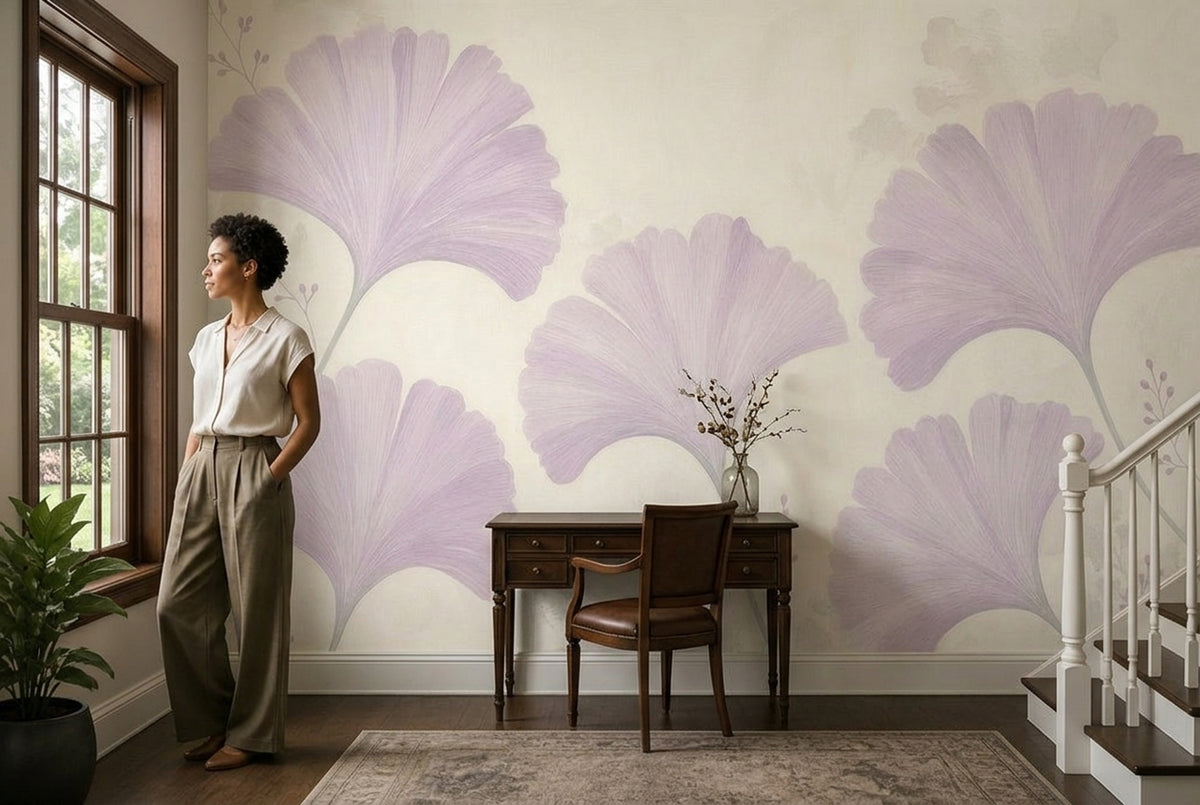 Gingko Yapraklı Poster Duvar Kağıdı Lila Tonlu Salon